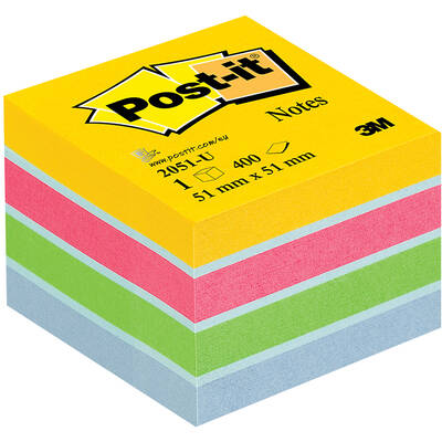 Minicub notite adezive Post-it galben/roz/verde/albastru deschis 400 file/cub