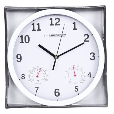 Esperanza dublat-Ceas de perete EHC016K,model Lyon,termometru si higrometru,cadran argintiu,fond negru,25 cm