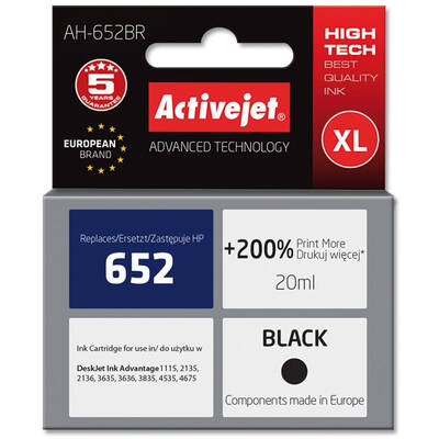 Cartus Imprimanta ACTIVEJET COMPATIBIL AH-652BR for HP printer; HP 652 F6V25AE replacement; Premium; 20 ml; black