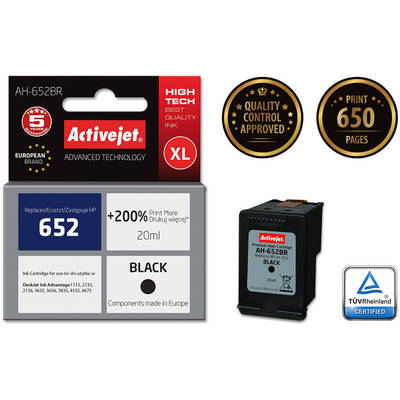 Cartus Imprimanta ACTIVEJET COMPATIBIL AH-652BR for HP printer; HP 652 F6V25AE replacement; Premium; 20 ml; black