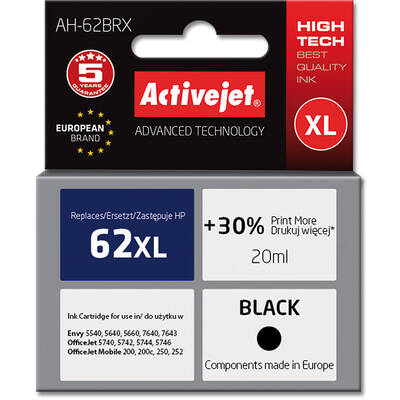 Cartus Imprimanta ACTIVEJET COMPATIBIL AH-62BRX for HP printer; HP 62XL C2P05AE replacement; Premium; 20 ml; black