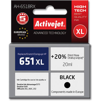 Cartus Imprimanta ACTIVEJET COMPATIBIL AH-651BRX for HP printer; HP 651 C2P10AE replacement; Premium; 20 ml; black