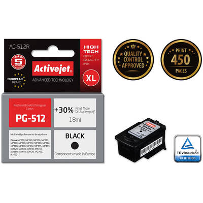 Cartus Imprimanta ACTIVEJET COMPATIBIL AC-512R for Canon printer; Canon PG-512 replacement; Premium; 18 ml; black