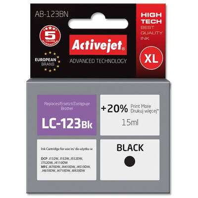 Cartus Imprimanta ACTIVEJET COMPATIBIL AB-123BN for Brother printer; Brother LC123Bk/LC121Bk replacement; Supreme; 15 ml; black