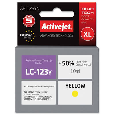 Cartus Imprimanta ACTIVEJET COMPATIBIL AB-123YN for Brother printer; Brother LC123Y/LC121Y replacement; Supreme; 10 ml; yellow