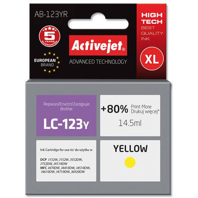 Cartus Imprimanta ACTIVEJET COMPATIBIL AB-123YR for Brother printer; Brother LC123Y/LC121Y replacement; Premium; 14.5 ml; yellow