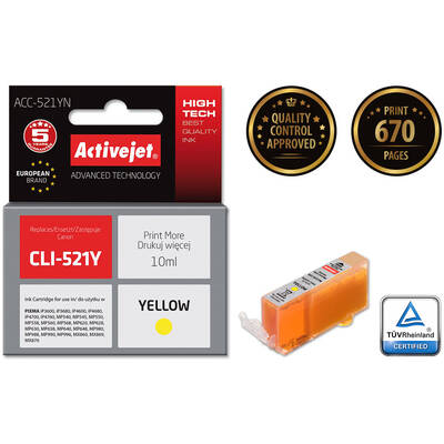 Cartus Imprimanta ACTIVEJET COMPATIBIL ACC-521YN for Canon printer; Canon CLI-521Y replacement; Supreme; 10 ml; yellow