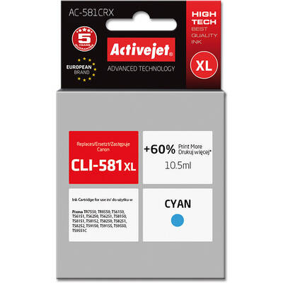 Cartus Imprimanta ACTIVEJET COMPATIBIL AC-581CRX for Canon printer; Canon CLI-581CXL replacement; Premium; 10.5 ml; cyan
