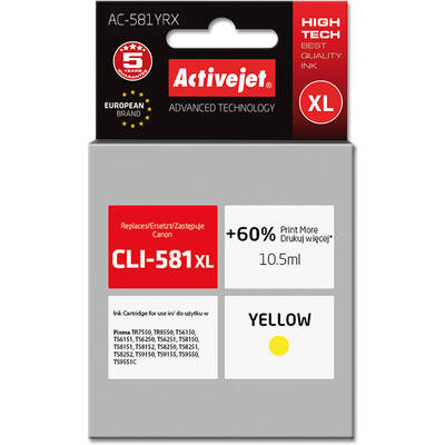 Cartus Imprimanta ACTIVEJET COMPATIBIL AC-581YRX for Canon printer; Canon CLI-581YXL replacement; Premium; 10.5 ml; yellow