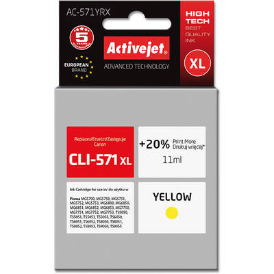 Cartus Imprimanta ACTIVEJET COMPATIBIL AC-571YRX for Canon printer; Canon CLI-571Y XL replacement; Premium; 11 ml; yellow