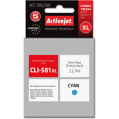 Cartus Imprimanta ACTIVEJET COMPATIBIL ACC-581CNX for Canon printer; Canon CLI-581C XL replacement; Supreme; 11.70 ml; cyan