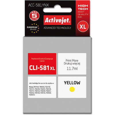 Cartus Imprimanta ACTIVEJET COMPATIBIL ACC-581YNX for Canon printer; Canon CLI-581Y XL replacement; Supreme; 11.70 ml; yellow