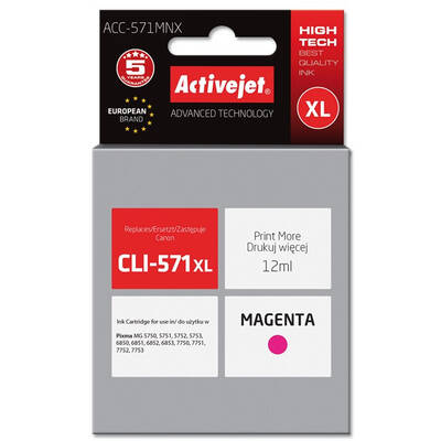 Cartus Imprimanta ACTIVEJET COMPATIBIL ACC-571MNX for Canon printer; Canon CLI-571M XL replacement; Supreme; 12 ml; magenta