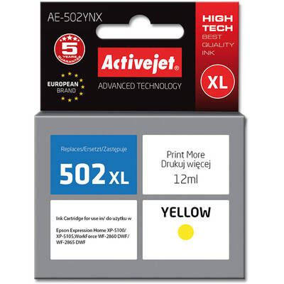Cartus Imprimanta ACTIVEJET Compatibil AE-502YNX for Epson printer, Epson 502XL W44010 replacement; Supreme; 12 ml; yellow