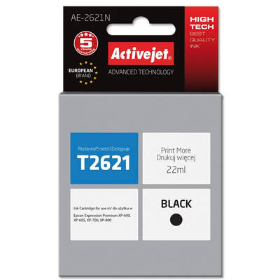 Cartus Imprimanta ACTIVEJET Compatibil AE-2621N for Epson printer, Epson 26 T2621 replacement; Supreme; 22 ml; black