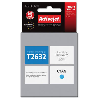 Cartus Imprimanta ACTIVEJET Compatibil AE-2632N for Epson printer, Epson 26 T2632 replacement; Supreme; 12 ml; cyan