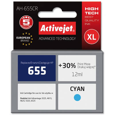 Cartus Imprimanta ACTIVEJET Compatibil AH-655CR for HP printer; HP 655 CZ110AE replacement; Premium; 12 ml; cyan