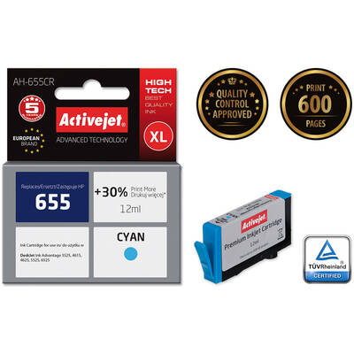 Cartus Imprimanta ACTIVEJET Compatibil AH-655CR for HP printer; HP 655 CZ110AE replacement; Premium; 12 ml; cyan