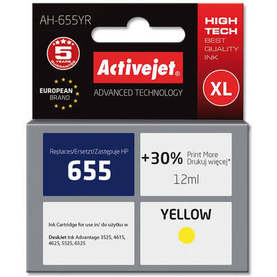 Cartus Imprimanta ACTIVEJET Compatibil AH-655YR for HP printer; HP 655 CZ112AE replacement; Premium; 12 ml; yellow