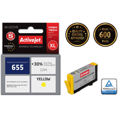 Cartus Imprimanta ACTIVEJET Compatibil AH-655YR for HP printer; HP 655 CZ112AE replacement; Premium; 12 ml; yellow