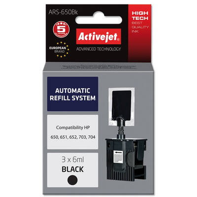 Cartus Imprimanta ACTIVEJET Compatibil ARS-650Bk automatic refill system for HP printer; HP703, HP704, HP650, HP651, HP652 replacement; 3 x 6 ml; black