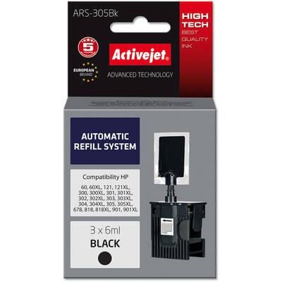 Cartus Imprimanta ACTIVEJET Compatibil ARS-305Bk automatic refill system for HP printer; HP301, HP302, HP303, HP304, HP304 replacement; 3 x 6 ml; black