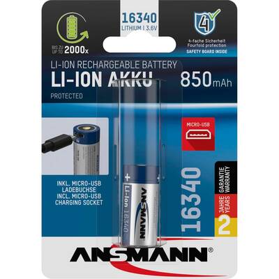 Acumulator/Incarcator 16340 Li-Ion Akku 850mAh 3,6V Micro USB Input  1300-0015