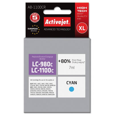 Cartus Imprimanta Activejet AB-1100CR pentru imprimanta Brother; Compatibil Brother LC1100/980C; Premium; 7 ml; cyan
