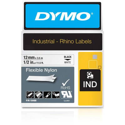 Banda etichete Dymo Rhino Band Nylon 12mmx3.5m Negru->Alb
