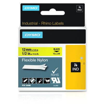 Banda etichete Dymo Rhino Band Nylon 12mmx3.5m Negru->Galben