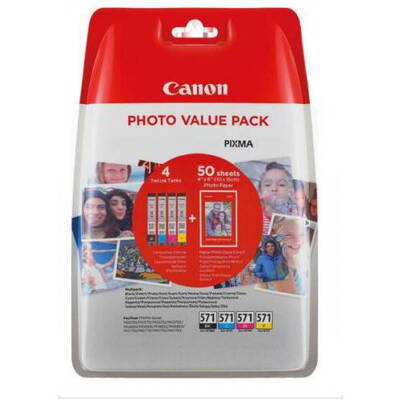 Cartus Imprimanta Canon Pack CLI-571 C/M/Y/BK + Hartie Photo 10 x 15 cm (set 50 buc)